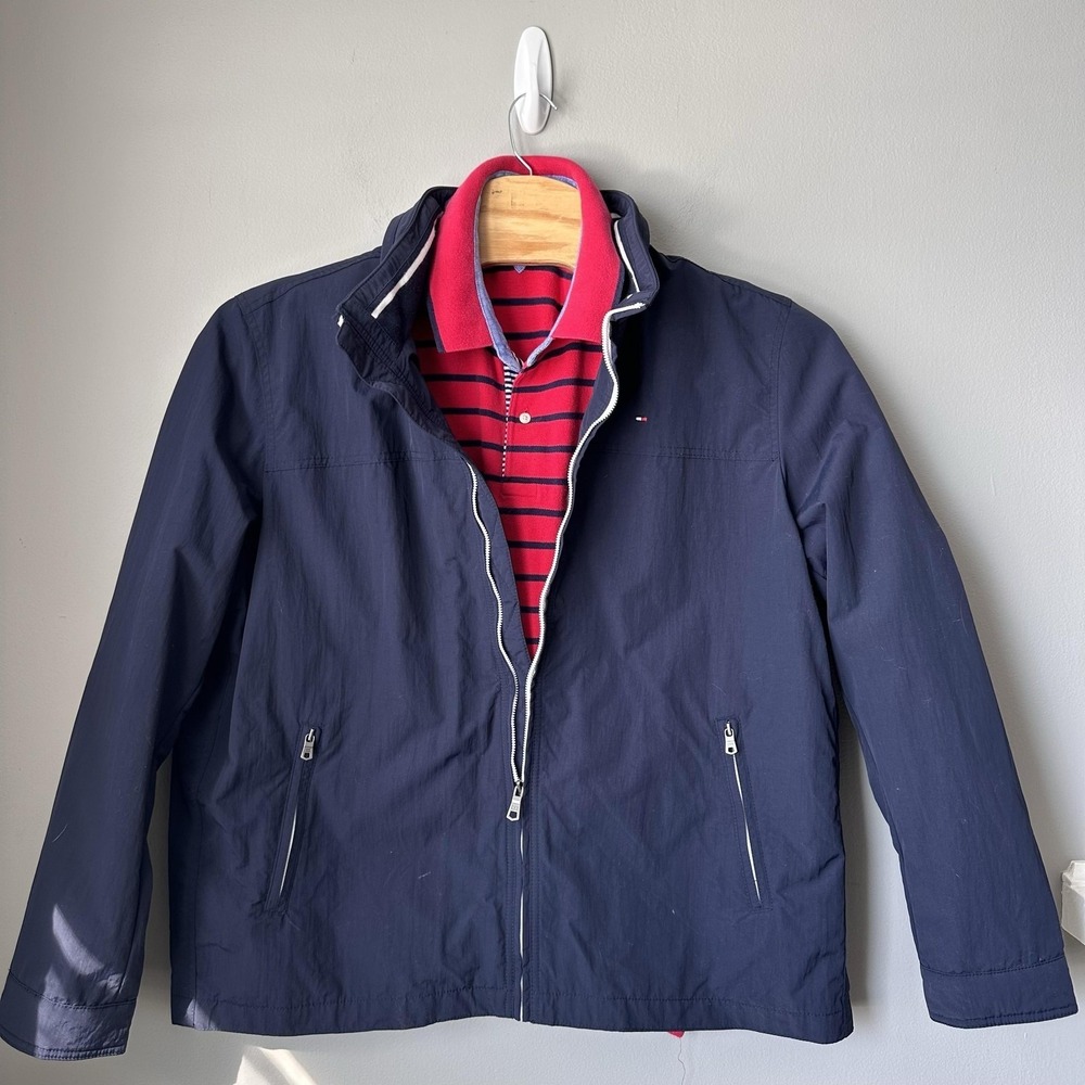 Tommy Hilfiger Jacket Shirt Set Mens 2XL Blue Hooded Nylon Windbreaker FLAWS‎